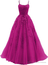 Womens Lace Appliques Prom Dresses Long Spaghetti Strap Ball Gowns Tulle Formal Dress for Party